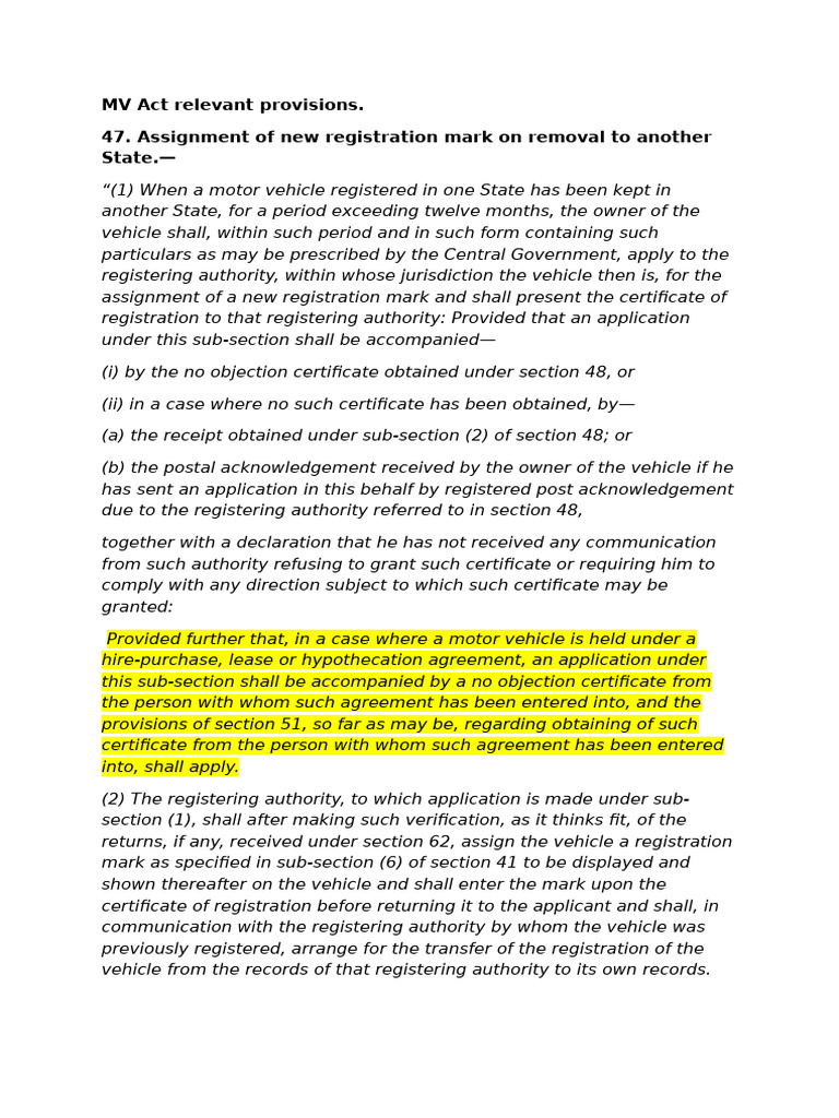 MV Act: Vehicle Registration Provisions | PDF | Lease | Vehicles