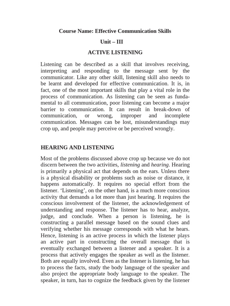 Unit III Active Listening | PDF | Communication | Nonverbal Communication