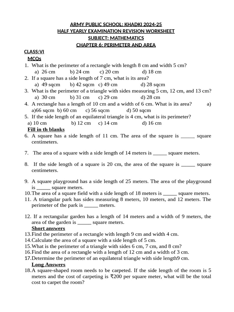 Class VI Math Revision: Perimeter & Area | PDF | Area | Length