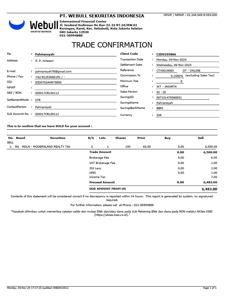 06 TRADE - CONFIRMATION CID0105866 Pahriansyah 20241104 PDF | PDF ...