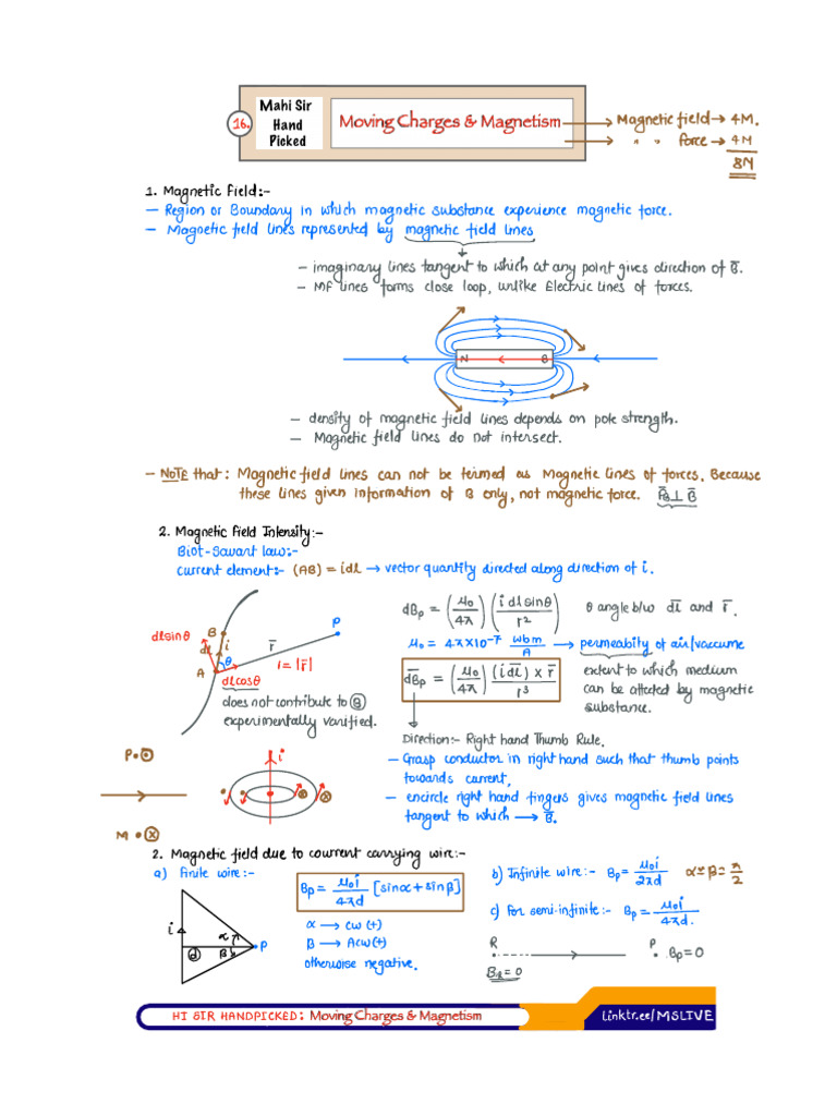 16 - HandPicked - Moving Charges & Magnetism | PDF | Electromagnetism ...