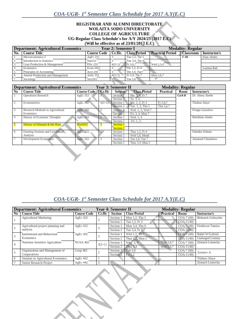 UG-2017 1st Semester Regular Class Schedule For AgEc | PDF | Science ...
