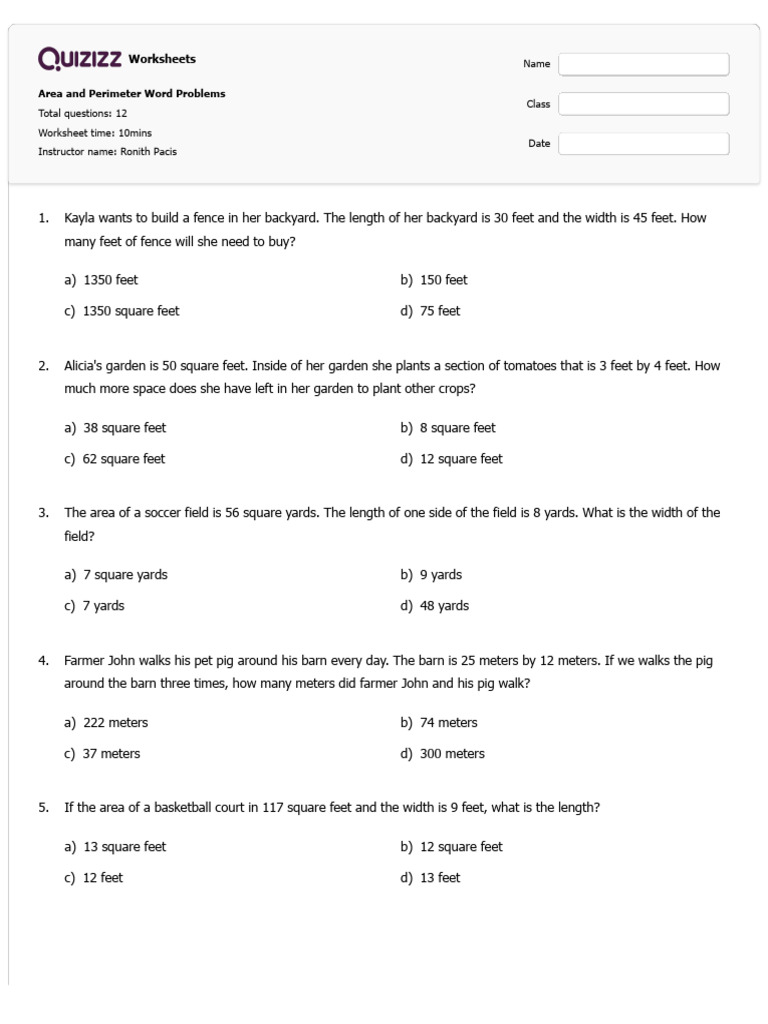 Area and Perimeter Word Problems - Quizizz Ak | PDF | Foot (Unit) | Length