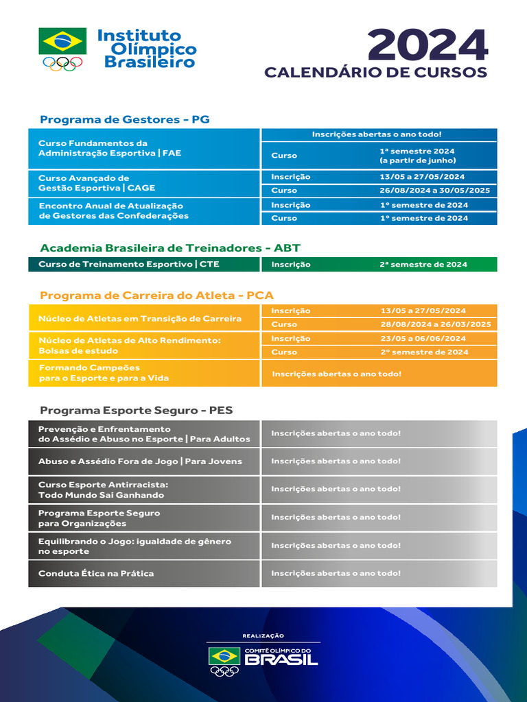 Calendário de Cursos 2024 - Esporte | PDF