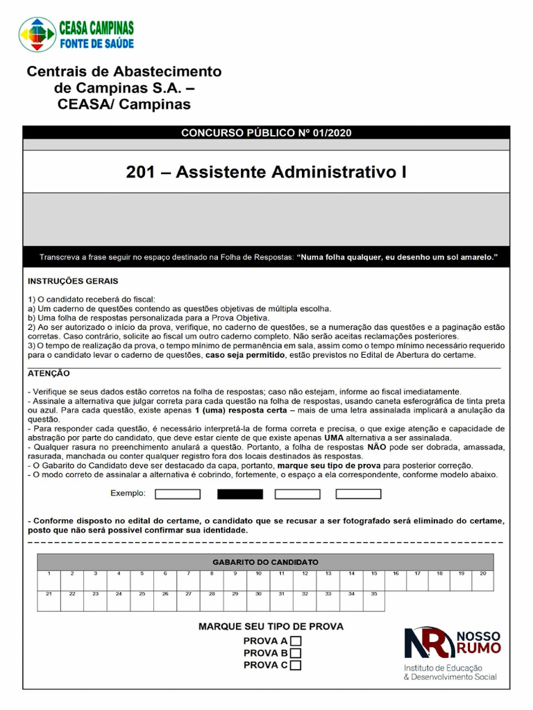 Concurso CEASA Campinas: Prova Assistente Administrativo | PDF ...