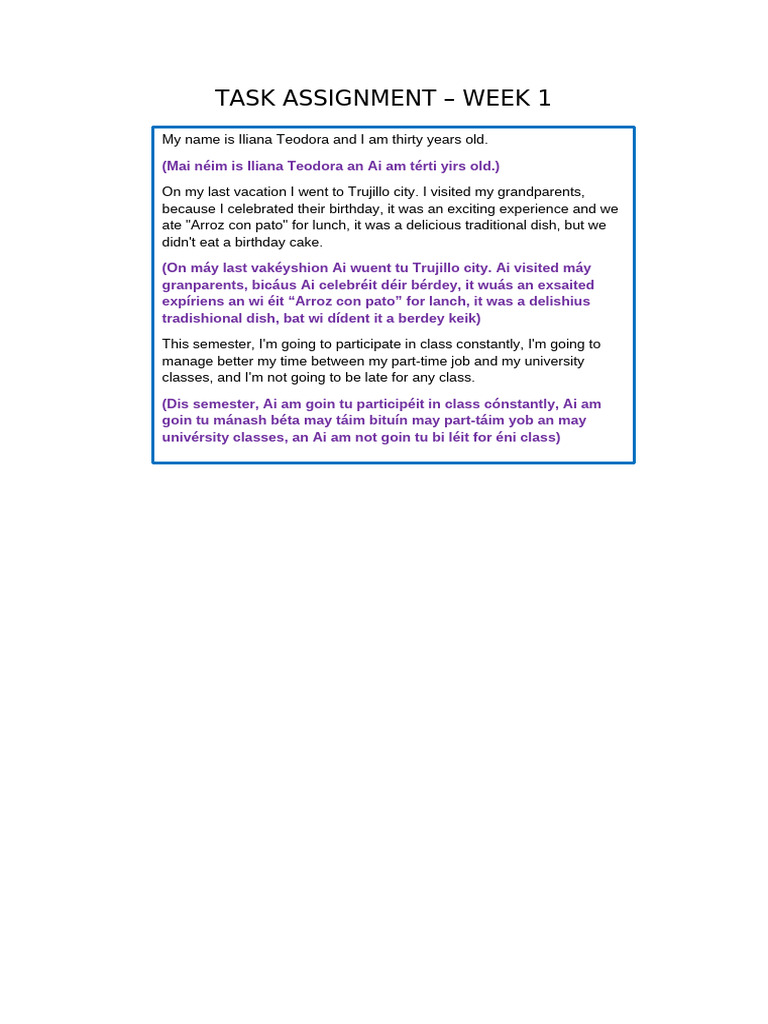 TASK ASSIGNMENT - Week 1 - Completo - Pronunciacion | PDF