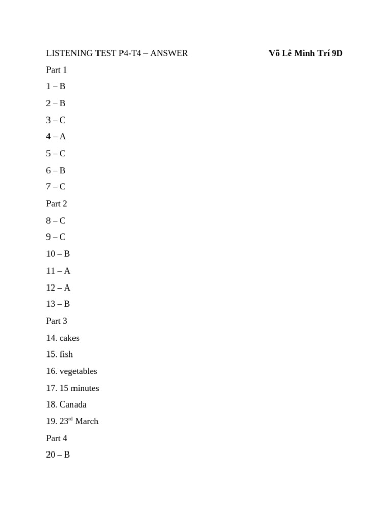 Listening Test P4-T4 Answers | PDF