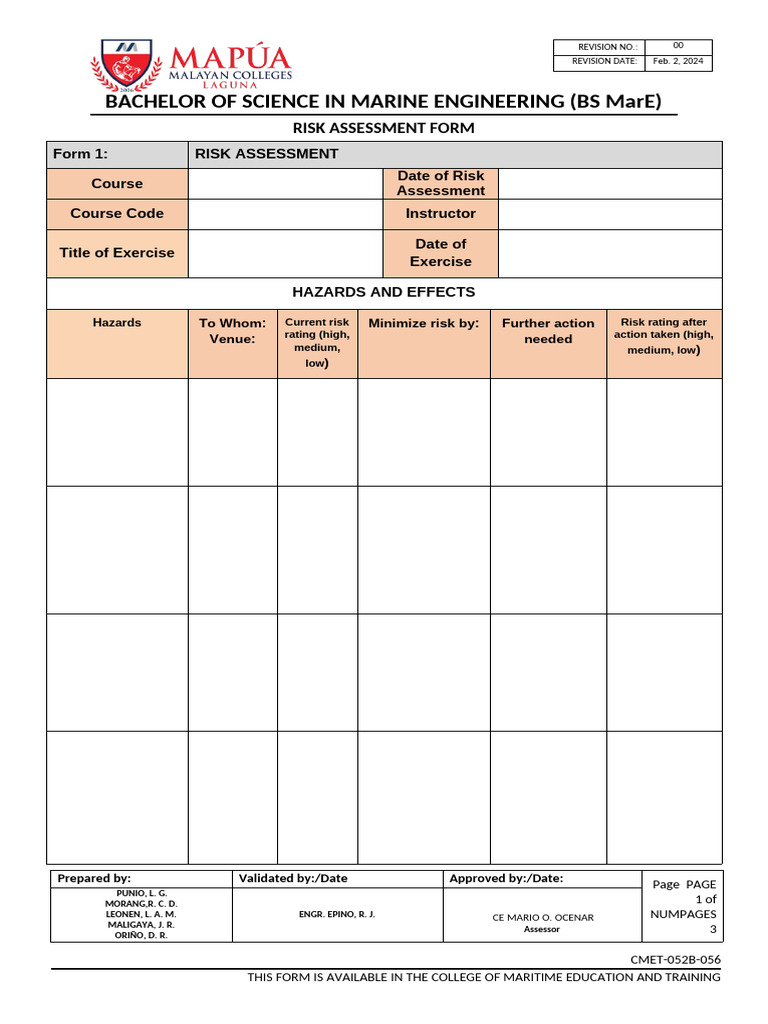 Marine Engineering Risk Assessment Form | PDF | Risk | Hazards