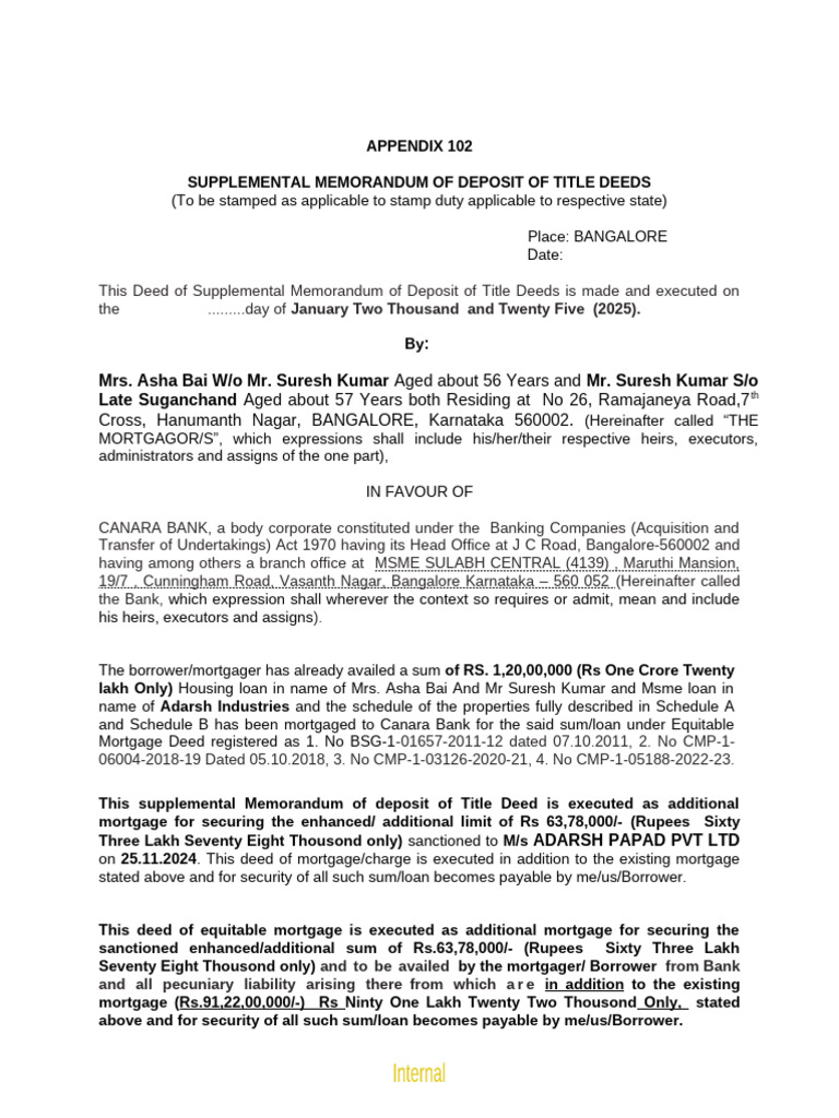 Supplemental Mortgage Deed for Canara Bank | PDF | Mortgages | Mortgage Law
