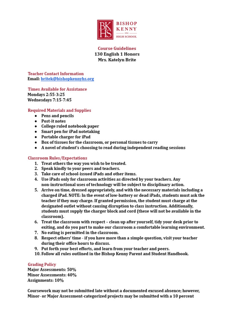 English 1 Honors Course Guidelines | PDF | Classroom | Teachers