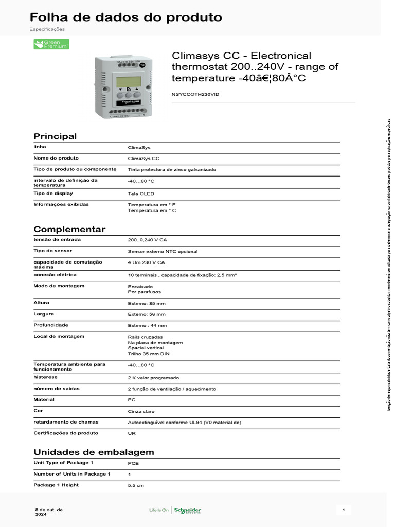 Termostato ClimaSys CC: Especificações e Certificações | PDF