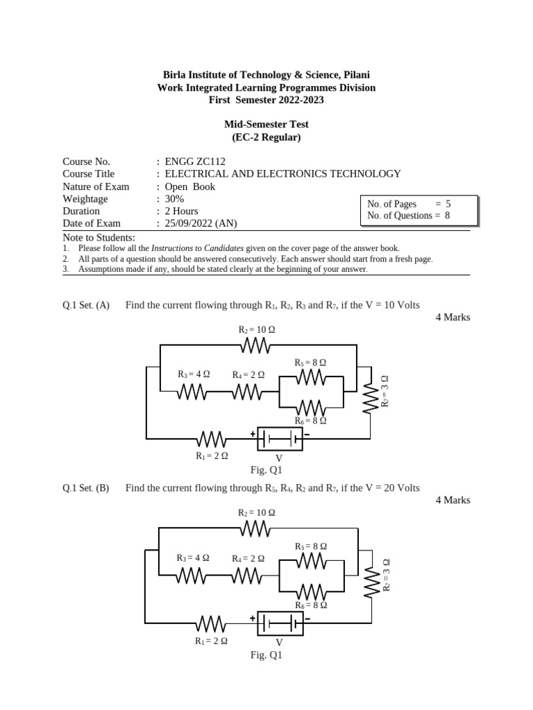 BITS Pilani Electrical Exam Questions | PDF | Transformer | Electrical ...