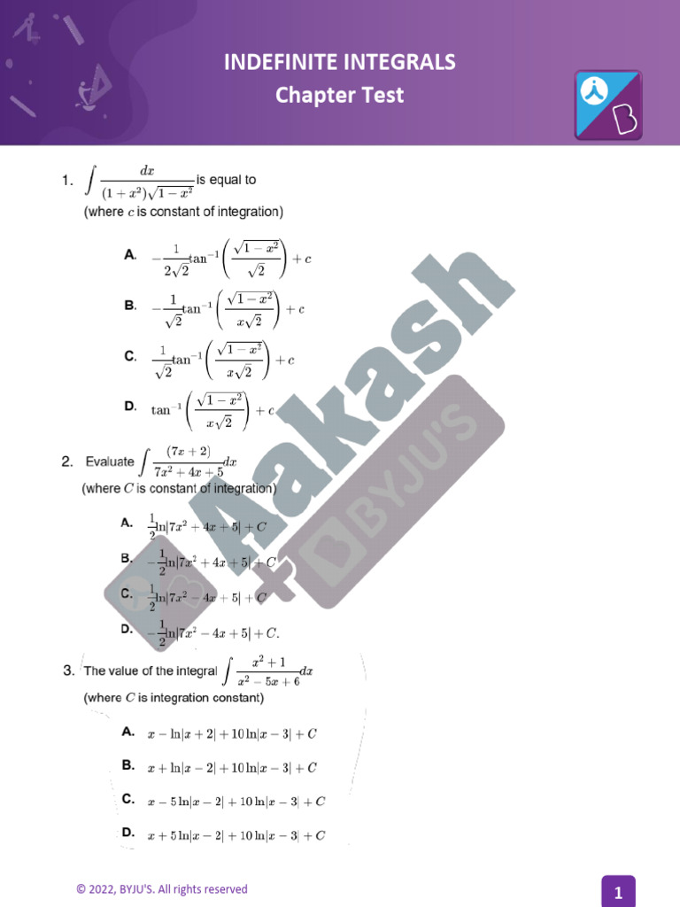 Indefinite Integration Rankers Batch Chapter Test | PDF
