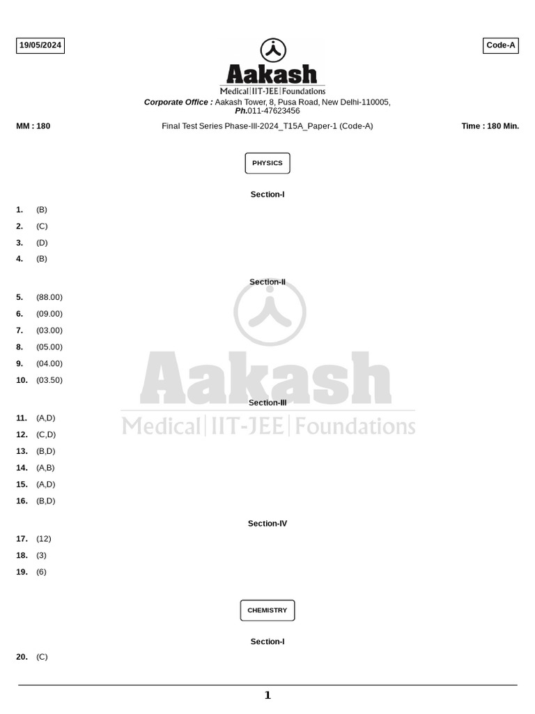 FTS Phase III 2024 Test 15A Paper 1 Code A Sol 19-05-2024 | PDF ...