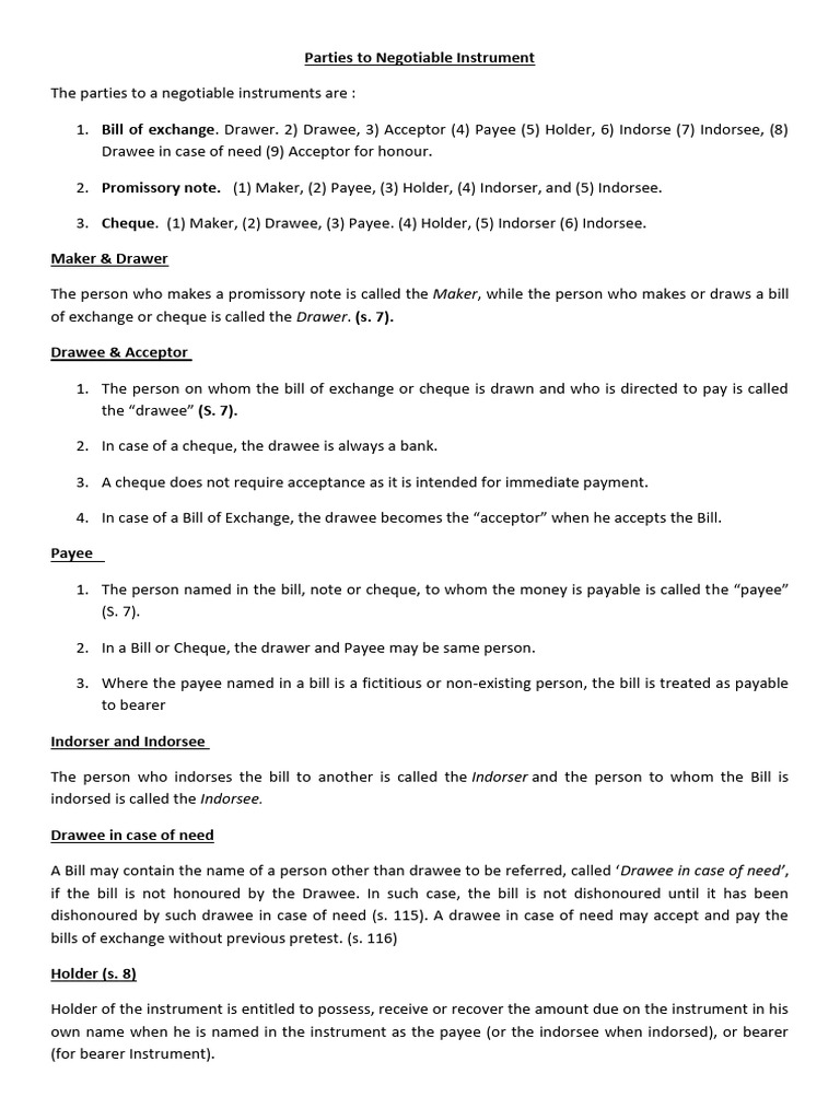Negotiable Instrument Parties Guide | PDF | Negotiable Instrument | Cheque