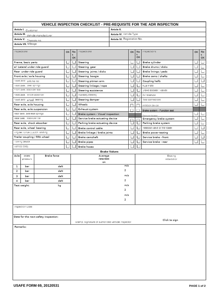 ADR Vehicle Inspection Checklist | PDF | Steering | Axle