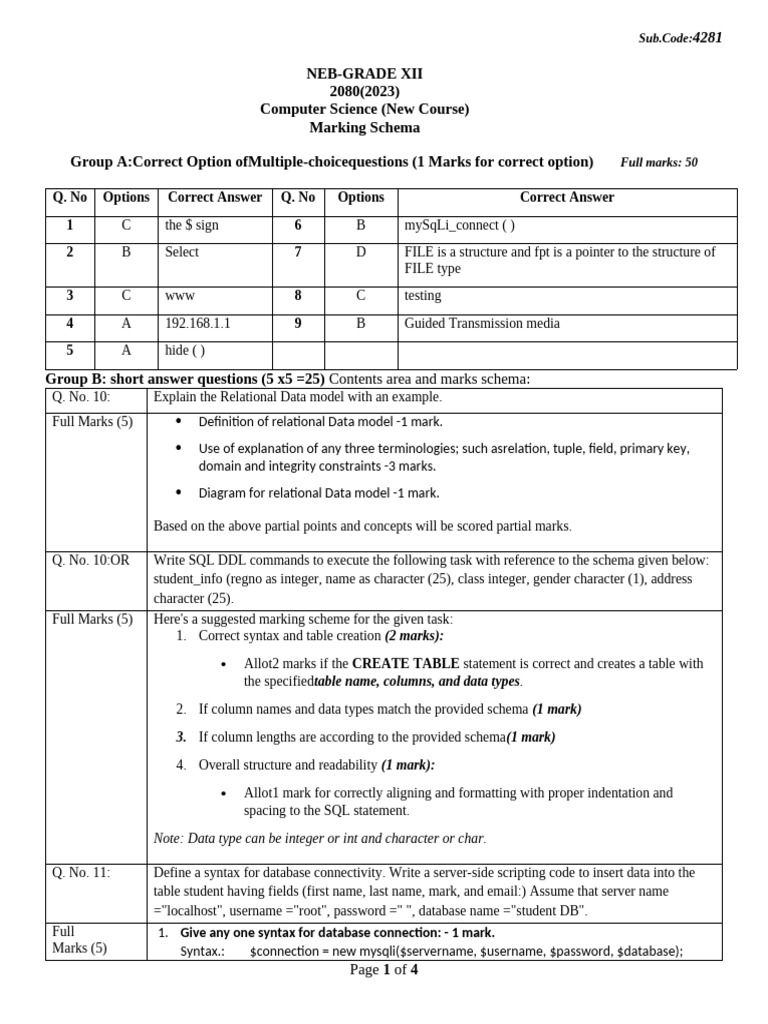 Computer Science Exam Answer Key and Marking Scheme | PDF | Control ...