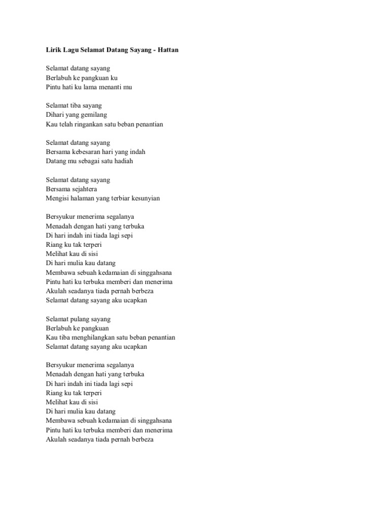 Lirik Lagu Selamat Datang Sayang