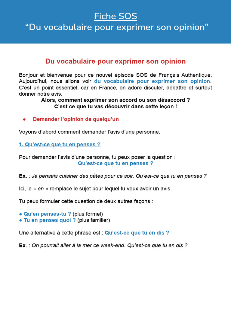 Vocabulaire pour exprimer son opinion | PDF | Phrase | Verbe