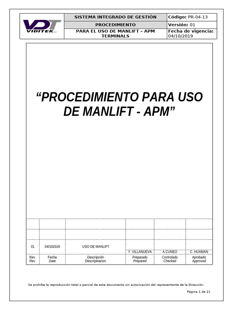 PR-04-13 Procedimiento para uso de Man Lift_APM | PDF | Cuerda | Cambiar