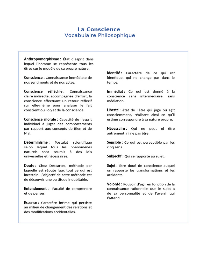 Vocabulaire de la Conscience en Philosophie | PDF