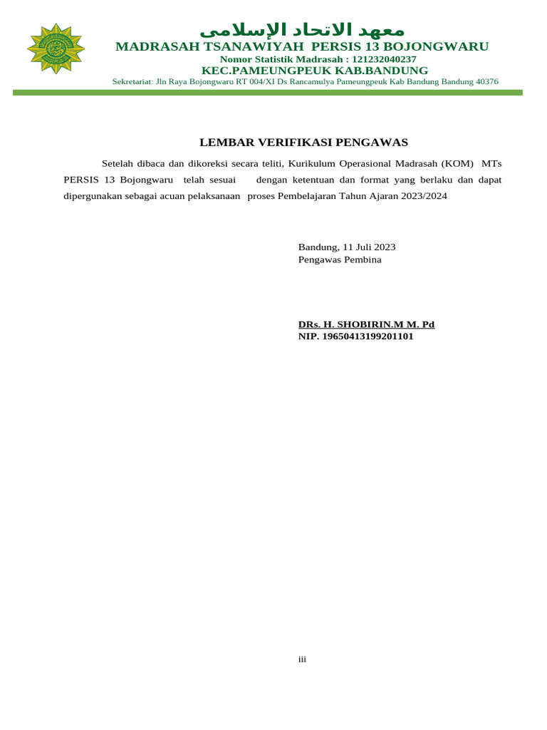 Verifikasi Kurikulum MTs Persis 13 | PDF