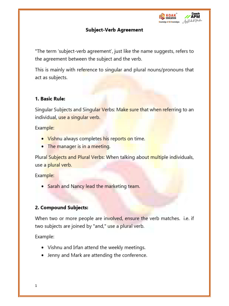 Subject and Verb Agreement | PDF | Grammatical Number | Plural