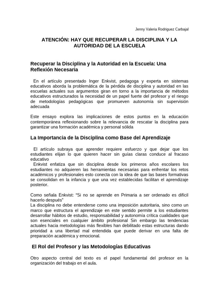 Recuperar Disciplina y Autoridad Escolar | PDF | Maestros | Escuelas