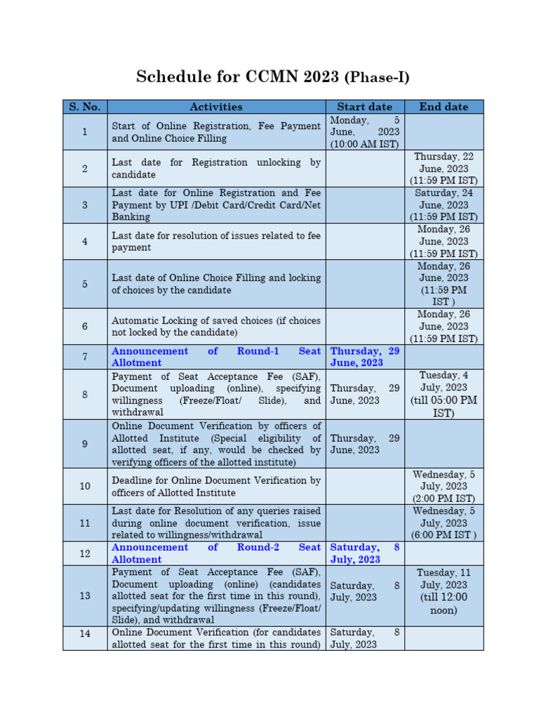 CCMN 2023 Admission Schedule | PDF | Payments | Banking Technology