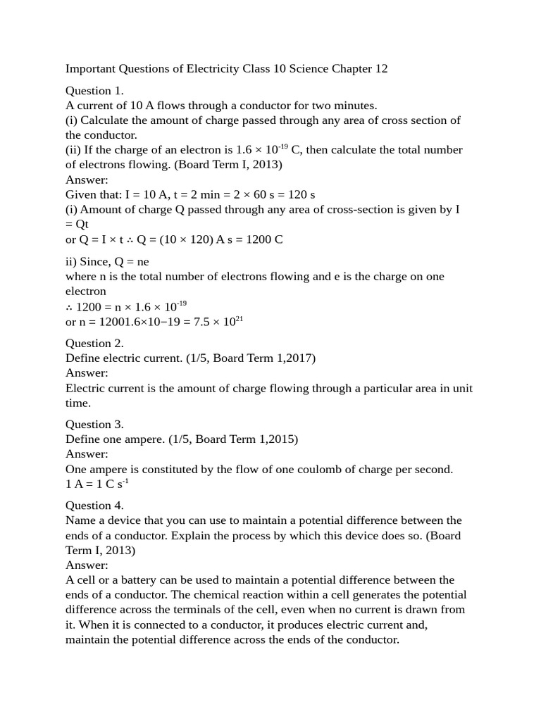 Important Questions of Electricity Class 10 Science Chapter 12 | PDF ...