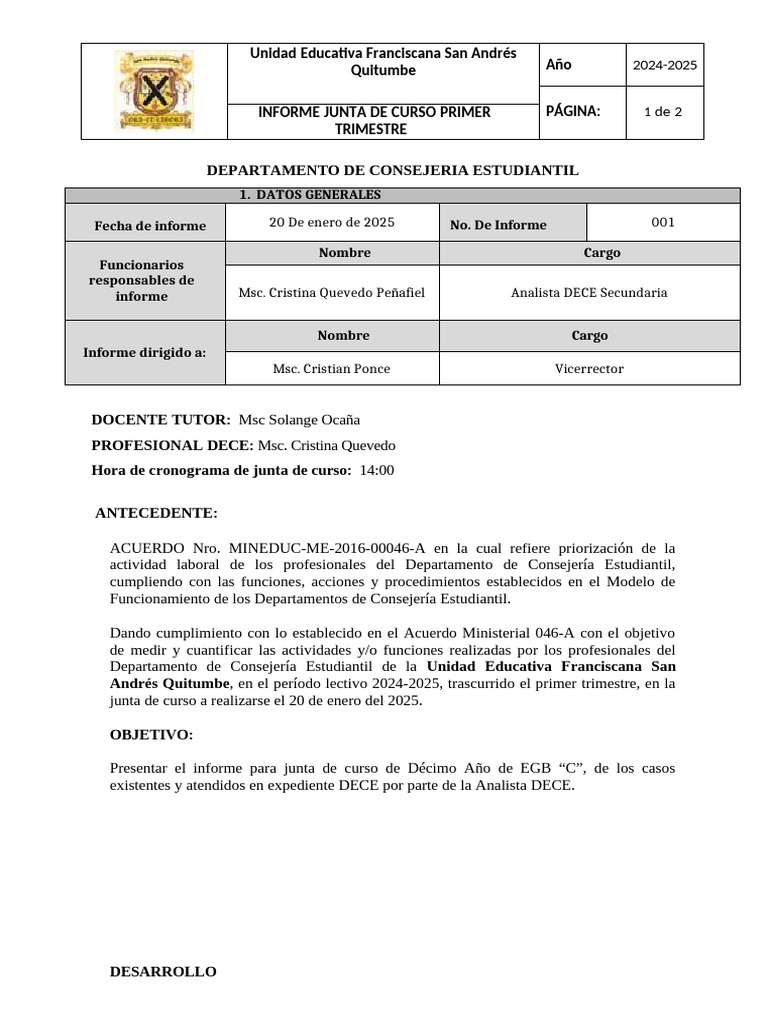 Informe DECE Primer Trimestre 2024-2025 | PDF | Salón de clases | Sicología