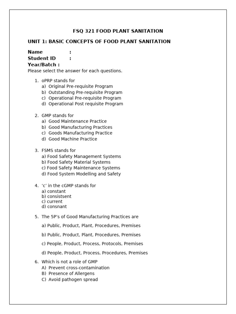 FSQ 321 Unit 1& 2 MCQ | PDF | Pest Control | Disinfectant