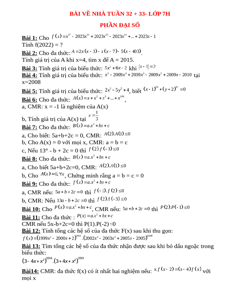BÀI VỀ NHÀ TUẦN 32 + 33 | PDF