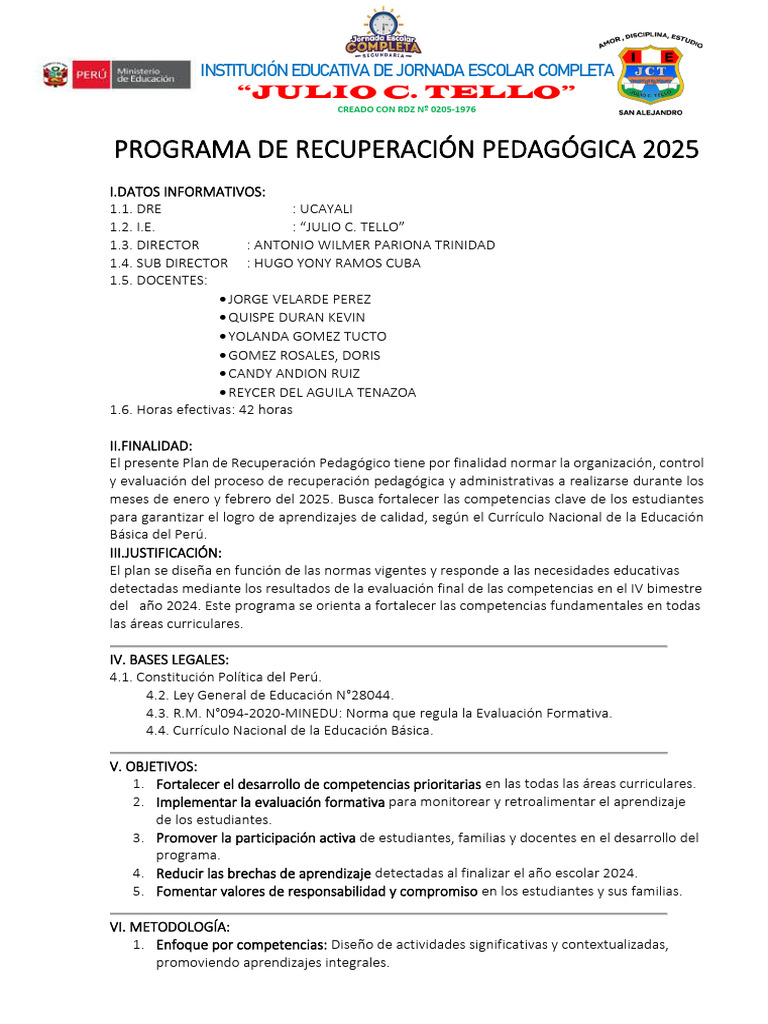 Plan de Recuperación Pedagógica 2025 | PDF | Evaluación | Escuelas