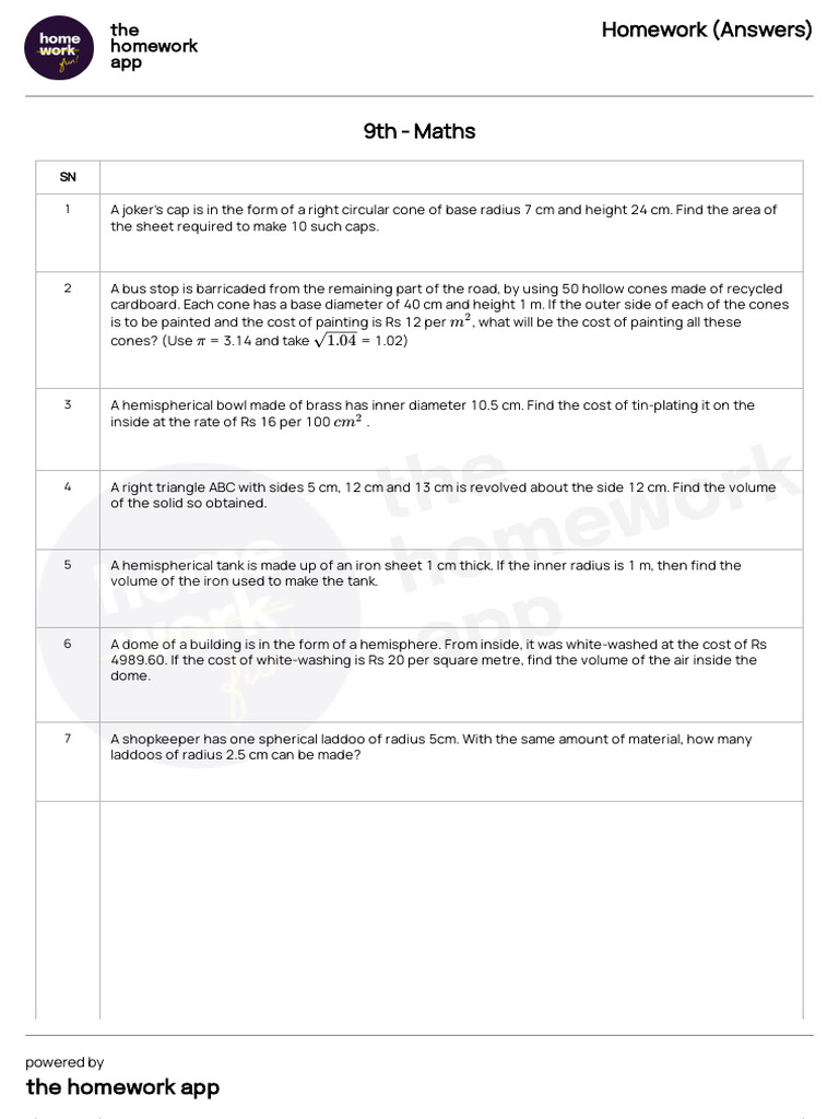Answers - Homework - 9th - Maths - 2025-01-15T06 - 44 | PDF | Sphere | Area