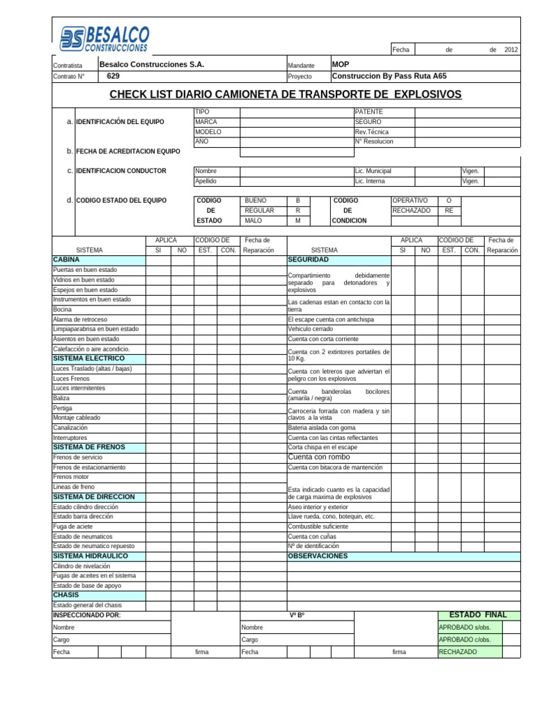 Check List Diario Camioneta Explosivos | PDF | Neumático | Tecnologías ...