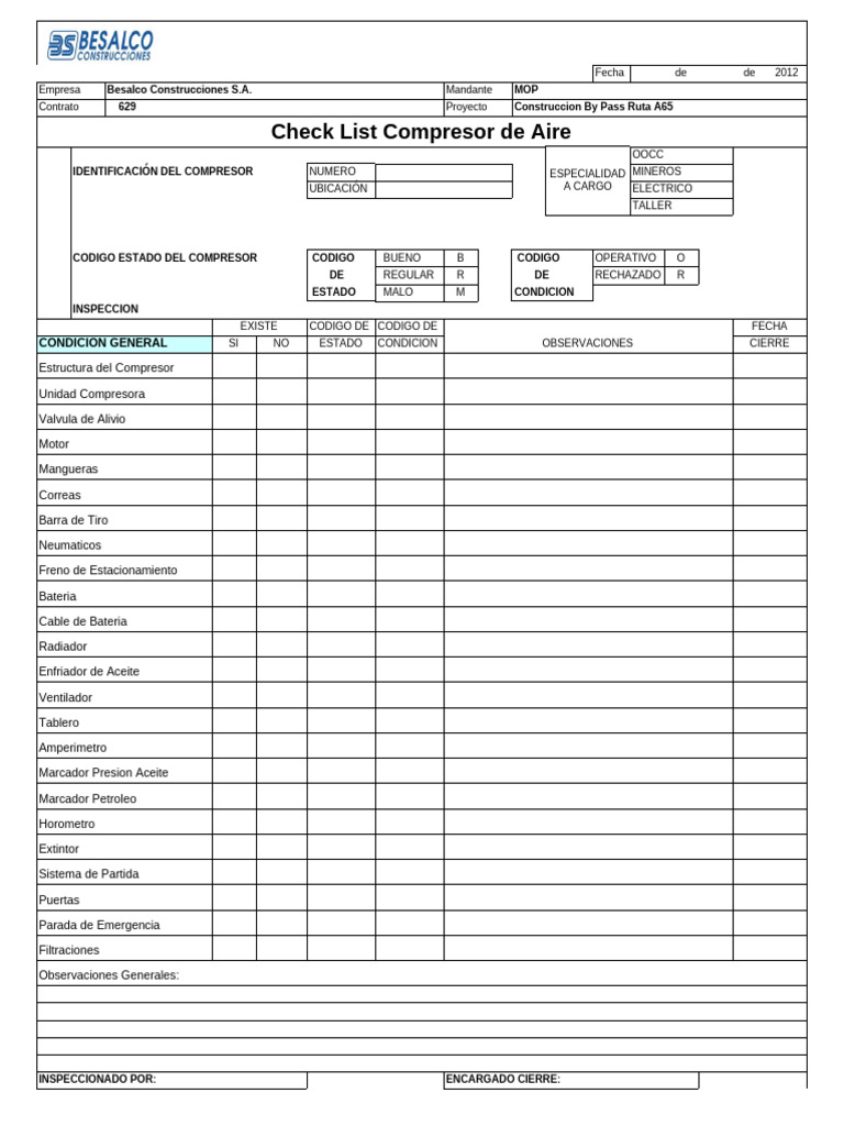 Check List Compresor Aire A65 | PDF