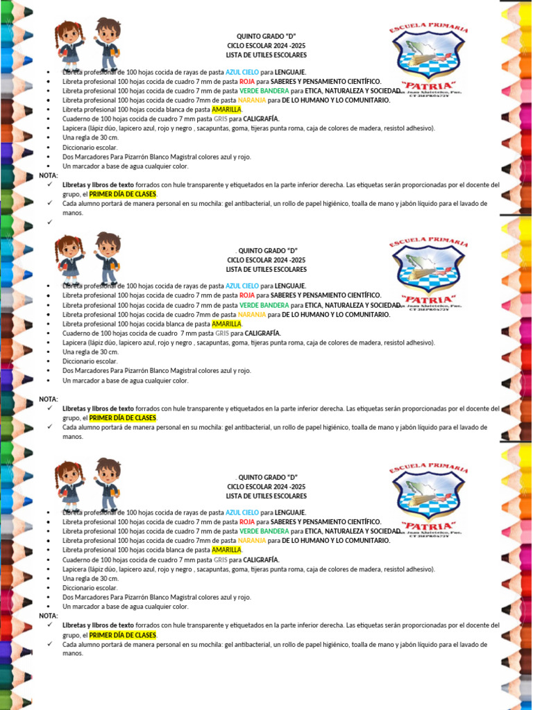 Lista de Útiles Quinto Grado 2024-2025 | PDF | Lápiz | Color