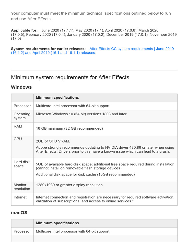 After Effects System Requirements Overview | PDF | Windows 10 | Mac Os