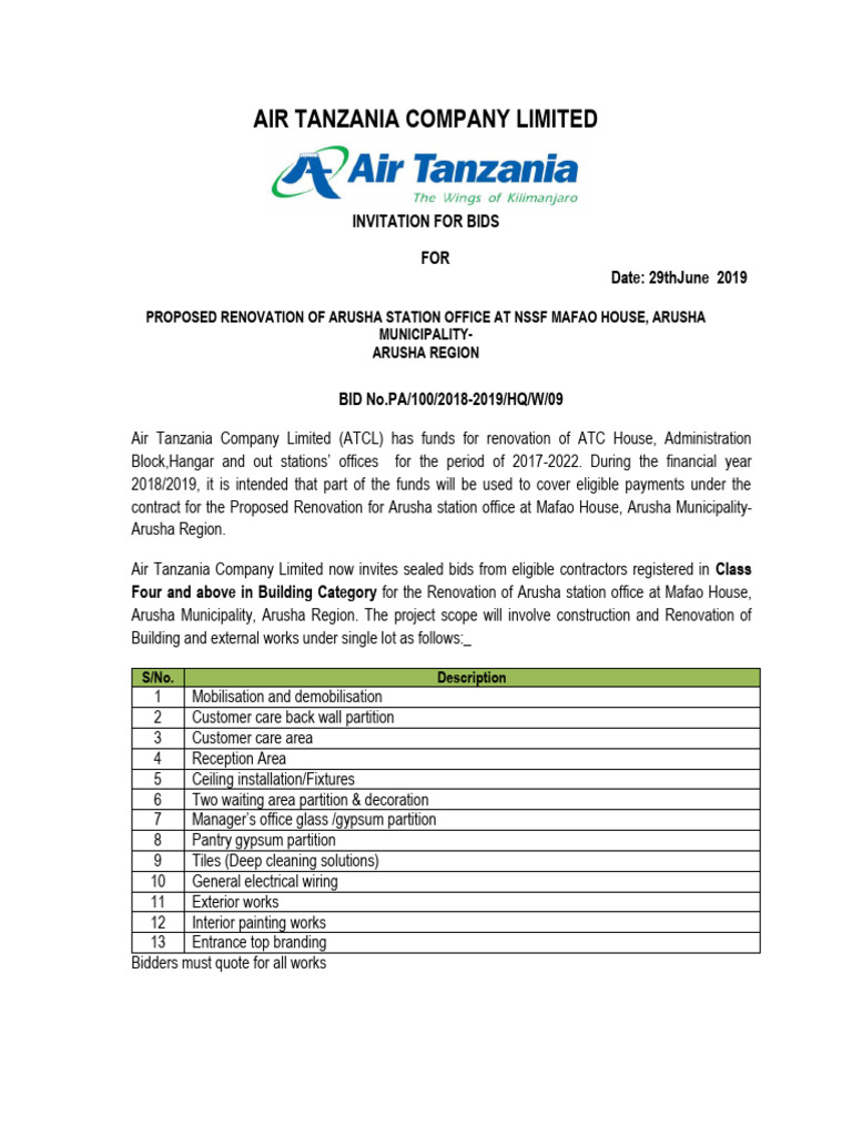 Arusha Office Renovation Bid Invitation | PDF
