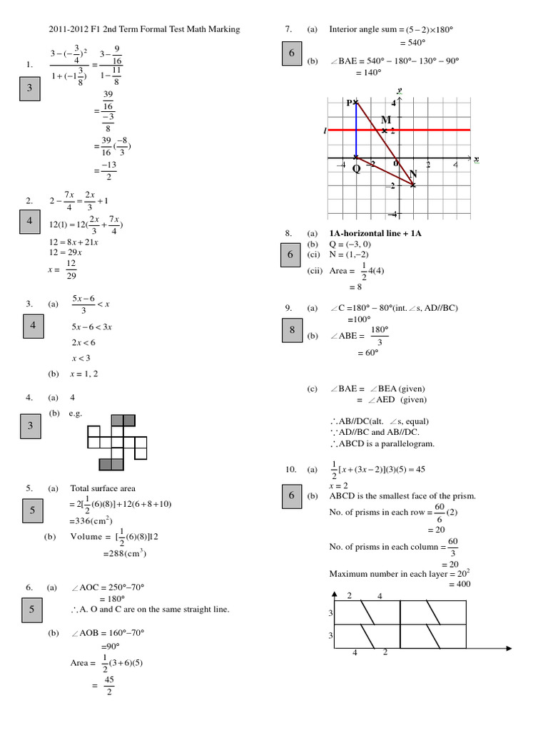 F1 2011-2012 Math Test Solutions | PDF
