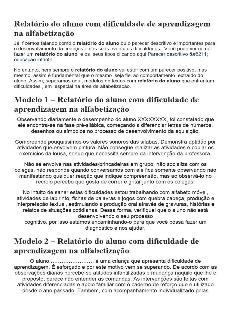 Relatório de Dificuldades na Alfabetização | PDF | Alfabetização ...