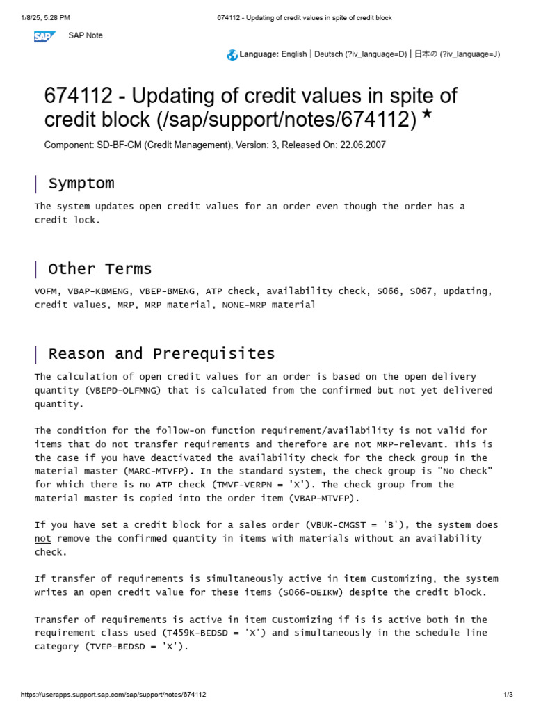 Updating of Credit Values in Spite of Credit Block | PDF