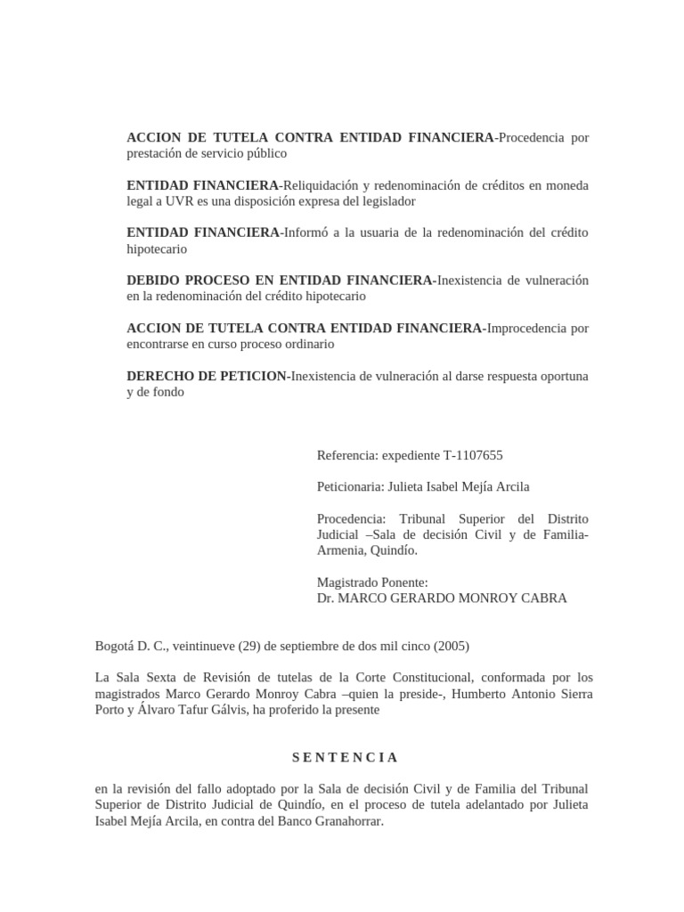 Accion de Tutela Contra Entidad Financiera | PDF | Interés | Debido al ...