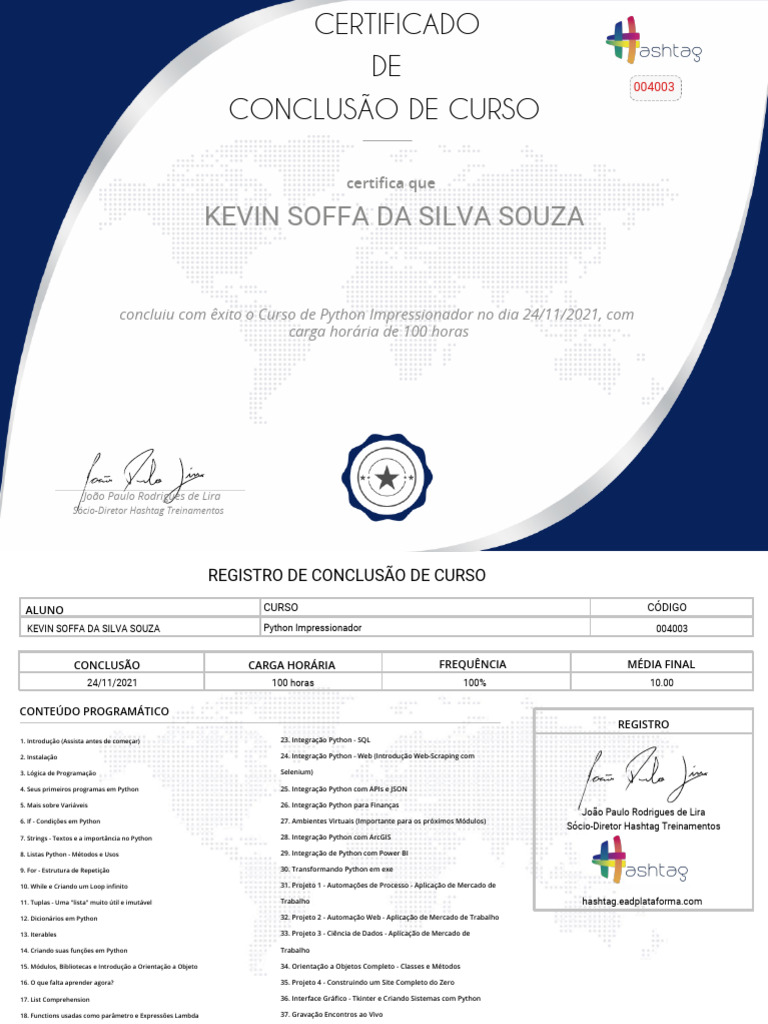 Certificado Curso Python Impressionador | PDF | Python (linguagem de ...