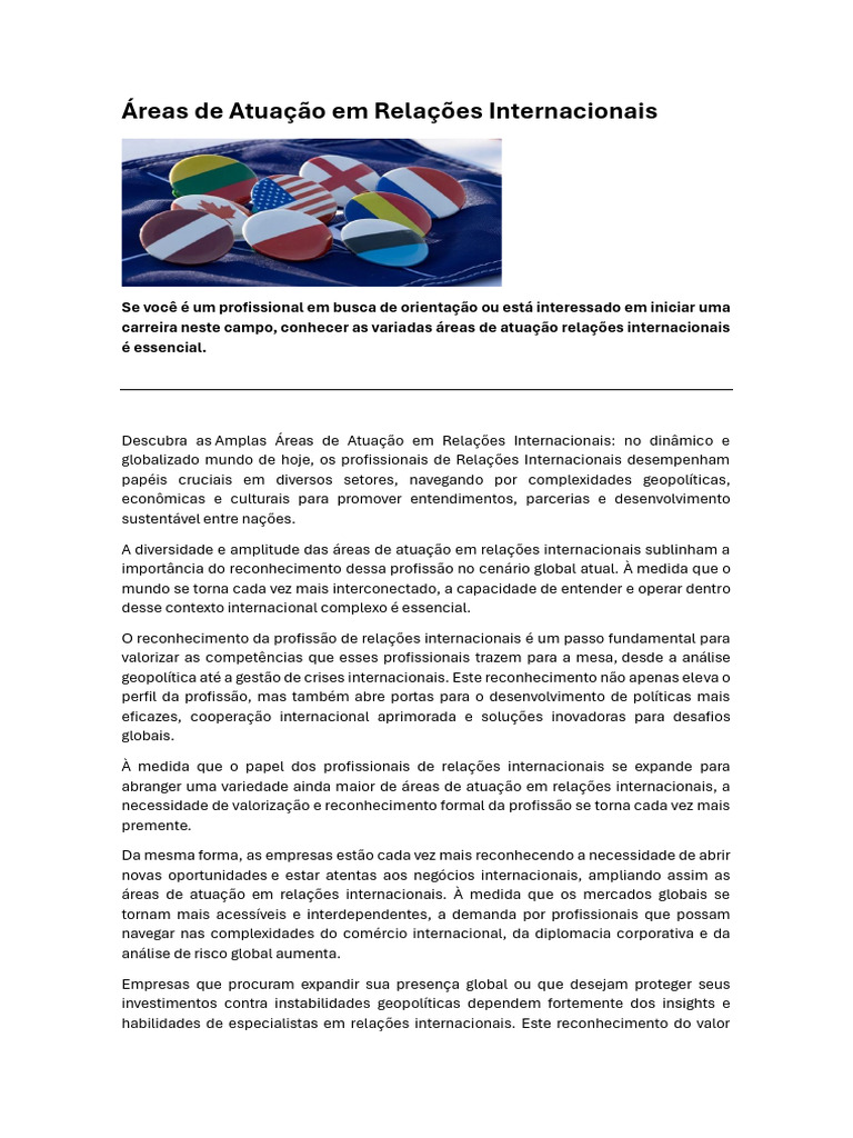 Áreas de Atuação em Relações Internacionais | PDF | Relações ...