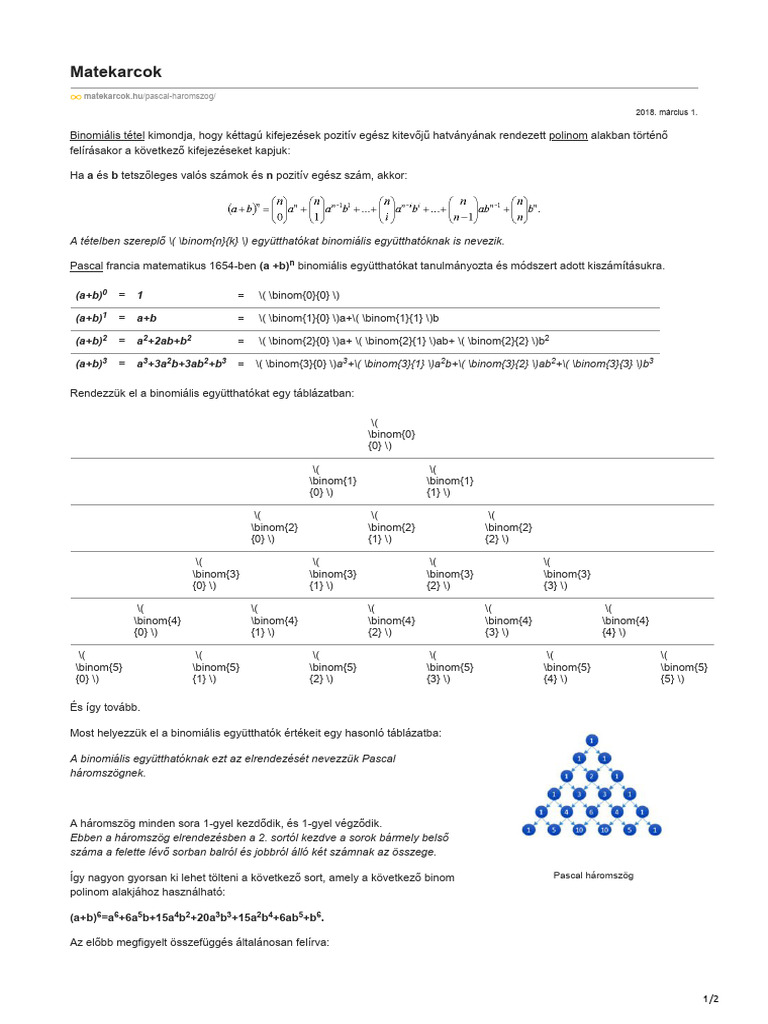 Pascal Háromszög-Matekarcok | PDF