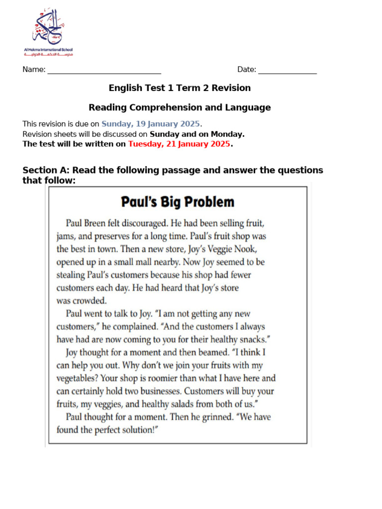 Revision Sheet English Test 1 Term 2 2024-2025 1-١ | PDF