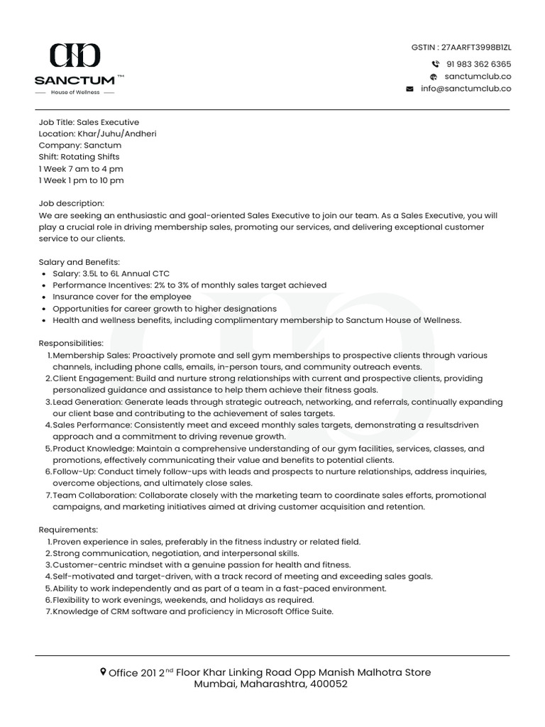 Job Description Sales Executive | PDF | Sales | Employee Retention