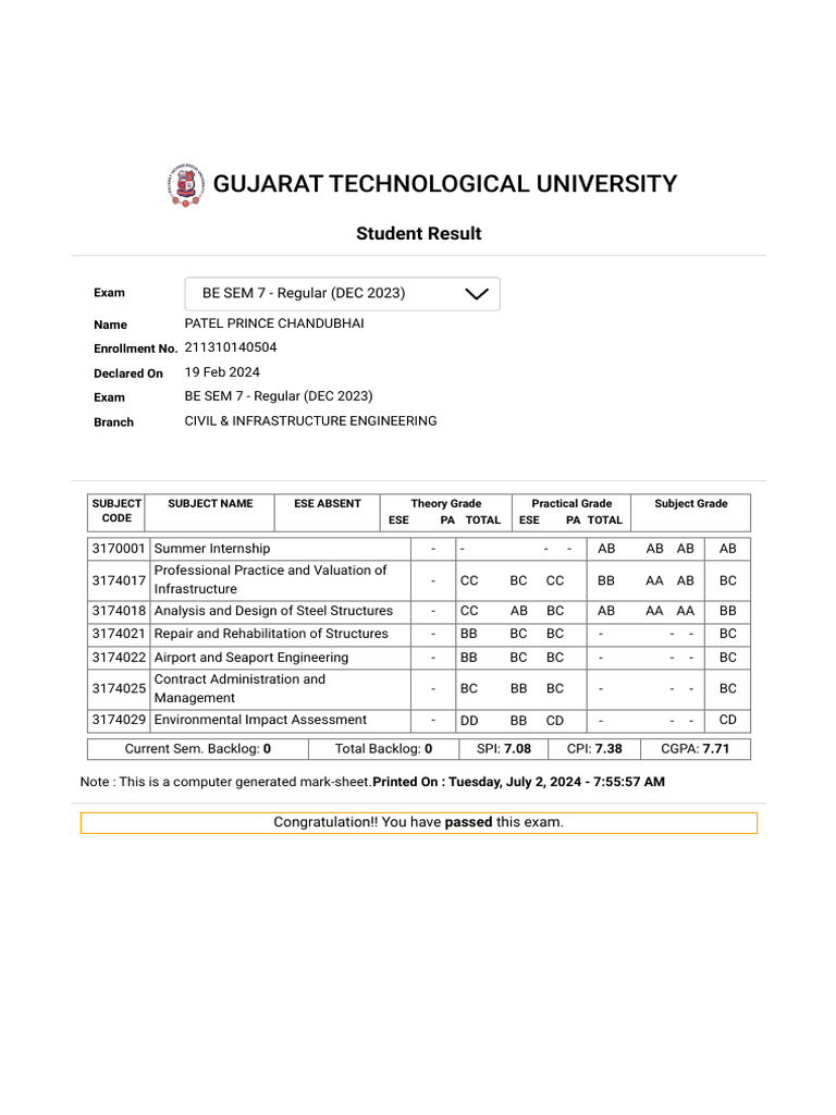 BE SEM 7 Result - Civil Engineering | PDF